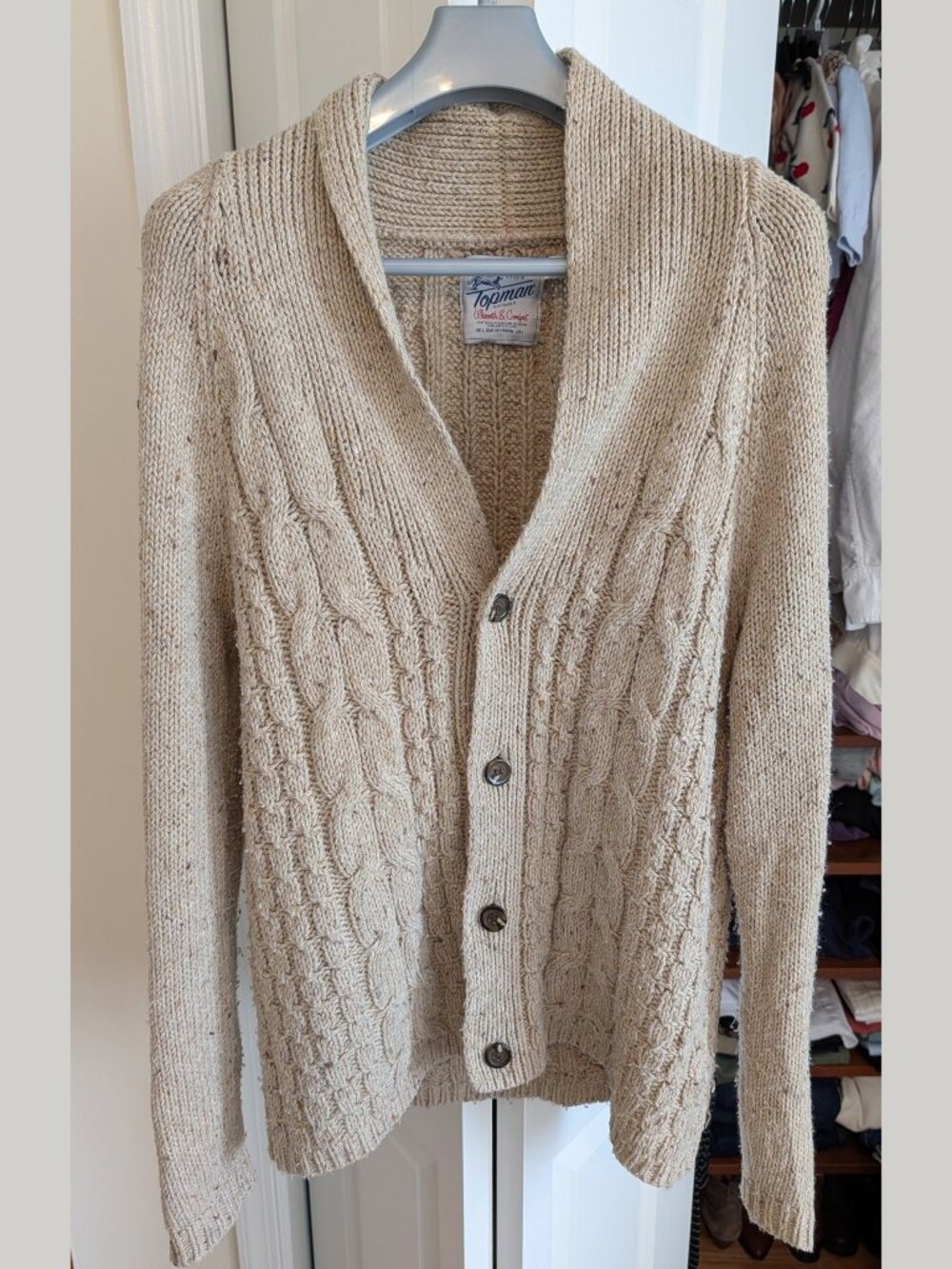 Topman Shawl Collar Beige Chunky Wool Blend Cardigan Sweater Large 40-42" Chest